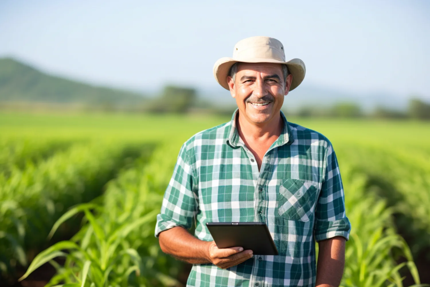 Produtor rural sorrindo com tablet nas mãos em meio à lavoura