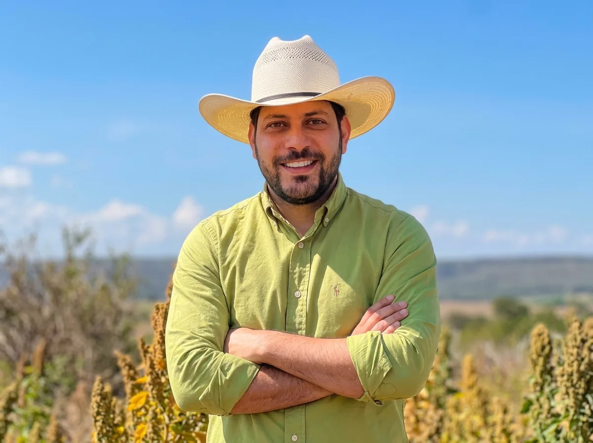 Retrato de Caio Afiune, sócio e embaixador da BS Agro Capital, de braços cruzados em uma lavoura